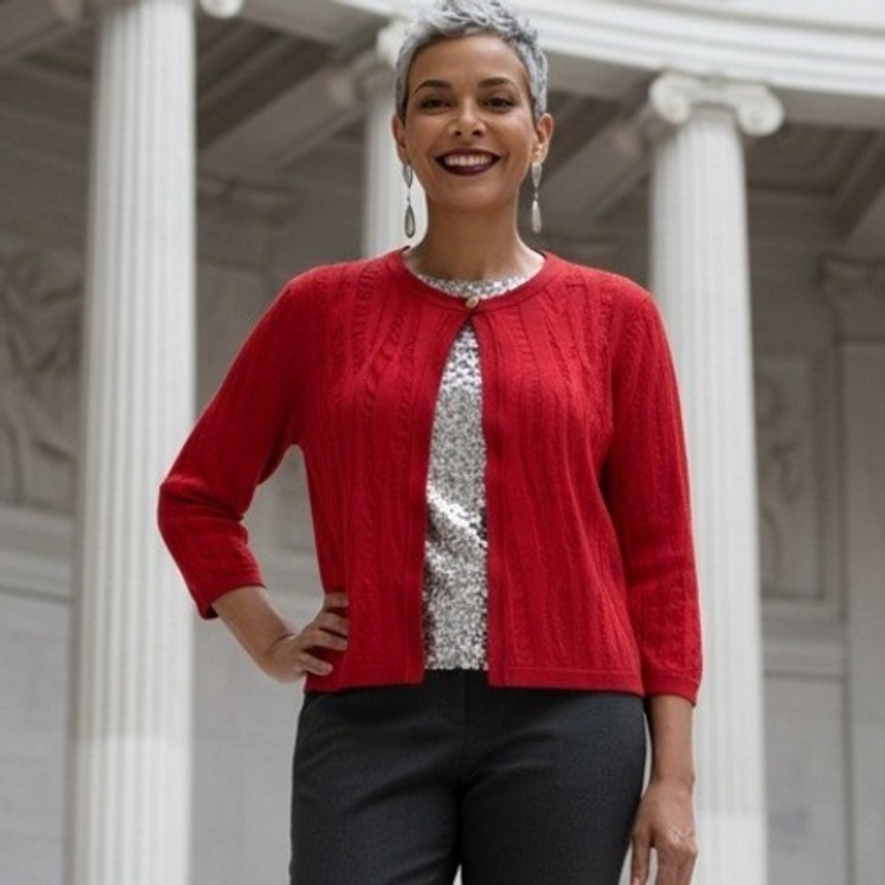 St John Marie Gray S Red Knit Wool Blnd Short Cardigan Sweater 1 Button Front